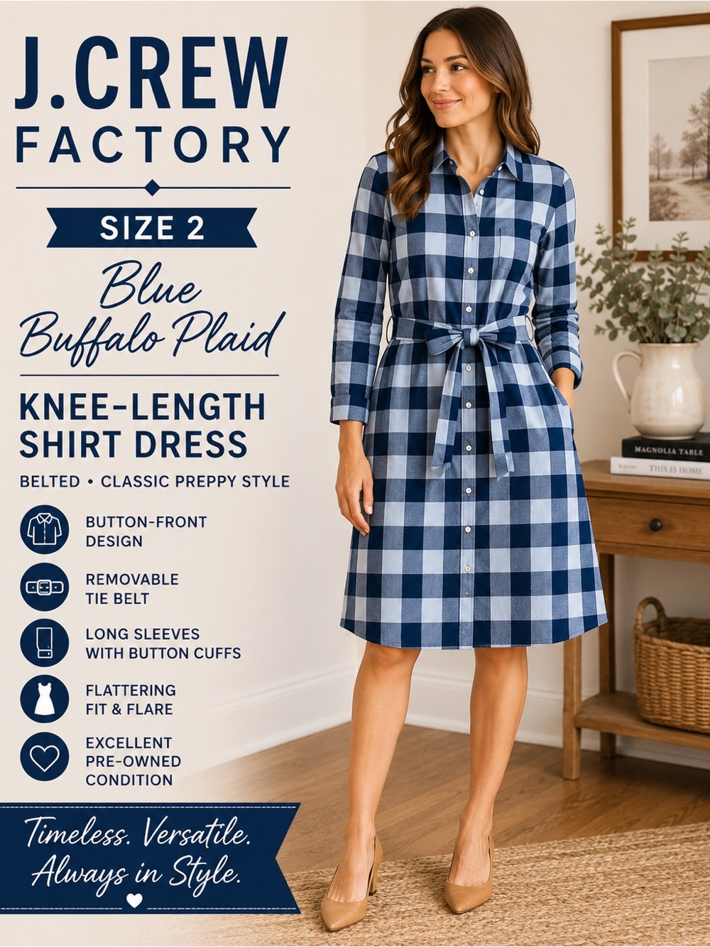 J.Crew Factory Blue Buffalo Plaid Belted Shirt Dress Size 2